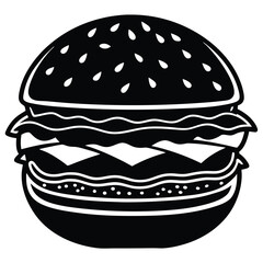 Black and White Double Burger Silhouette Illustration with Sesame Seed Buns and Layered Ingredients on White Background