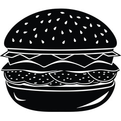 Black and White Double Burger Silhouette Illustration with Sesame Seed Buns and Layered Ingredients on White Background