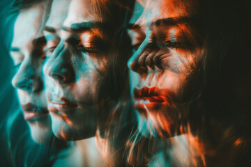 A multiple exposure portrait of a woman features vibrant red and blue hues with blurred features. The artistic technique enhances the depth and evokes a sense of introspection.