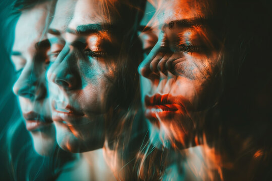 A multiple exposure portrait of a woman features vibrant red and blue hues with blurred features. The artistic technique enhances the depth and evokes a sense of introspection.