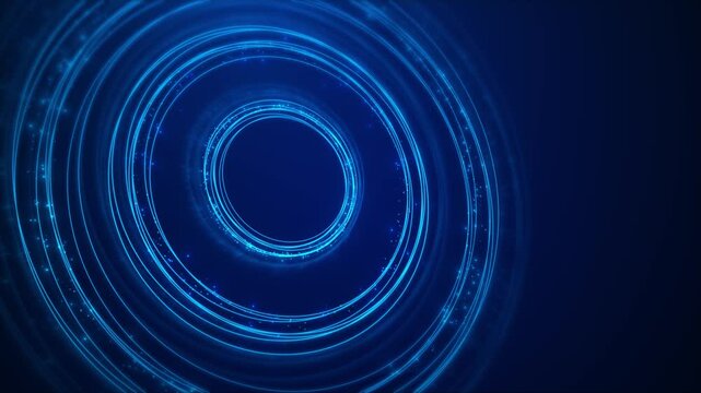Abstract technology background rotating blue glowing circles dashed lines and flashing amber blue data lights. Line Grid based HUD graphics with Radar type pulsing circular arrays and particle motion