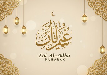 Elegant eid al-adha mubarak design with lanterns and calligraphy