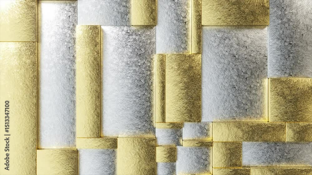 Poster metallic gold and silver geometric shapes dynamically transforming, creating sophisticated architect