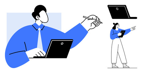 Manager writing with stylus on laptop, supervising worker taking notes on tablet. Ideal for teamwork, leadership, collaboration, technology, workplace, communication, simple landing page