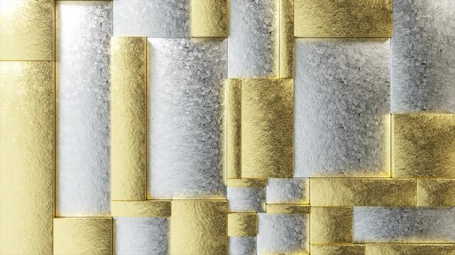 Metallic gold and silver geometric shapes dynamically transforming, creating sophisticated architectural pattern with smooth motion and intricate visual texture