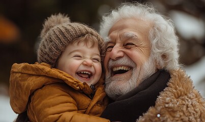 Grandparent and Child Laughing in a Winter Scene