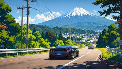 Anime Style Sports Car Driving on Road Towards Mount Fuji and Japanese Town
