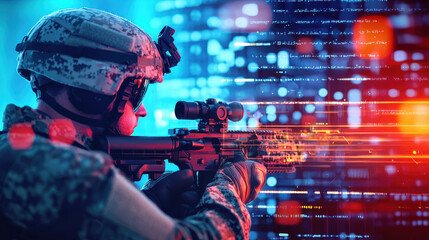 Soldier tactical gear aims rifle, surrounded by digital backdrop of glowing data streams, symbolizing fusion of technology and military operations