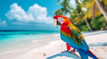 Vibrant tropical parrot standing on white sand beach in the maldives with bright colorful feathers under sunny blue sky, exotic island wildlife and nature concept