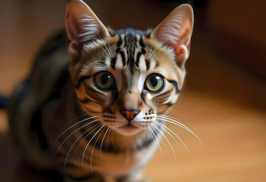 Bengal Cat Looking at Camera with Bright Green Eyes
