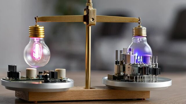 Balancing technology and innovation: an artistic representation of bulbs and circuits in a modern setting