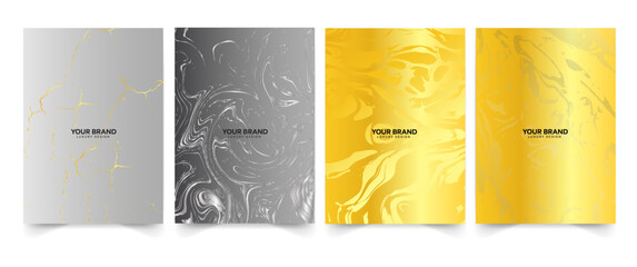 Modern black, silver, and gold cover design set. Creative premium abstract with marble texture (crack) background. Luxury vector collection for luxe catalog, brochure template, restaurant menu 