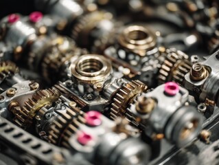 Naklejka premium Motorbike parts being assembled in synchronized process