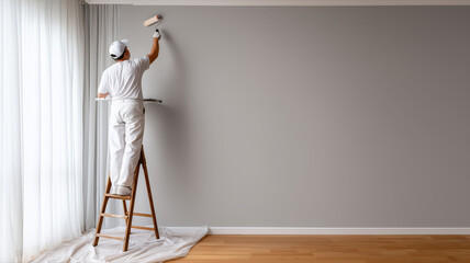 Professional painter painting a gray wall with a paint roller