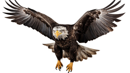 Bald eagle in flight, wide wingspan, soaring apex, nature wildlife art, white-brown bird illustration, isolated on transparent background.