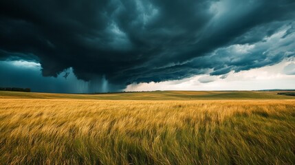 Dramatic storm clouds loom over golden fields. Nature showcases its beauty and power in this breathtaking landscape. A captivating scene of weather and color. Generative AI