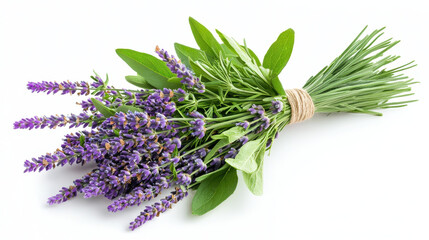 Obraz premium Lavender bouquet with green leaves, showcasing vibrant purple flowers and fresh herbs, perfect for decoration or aromatherapy