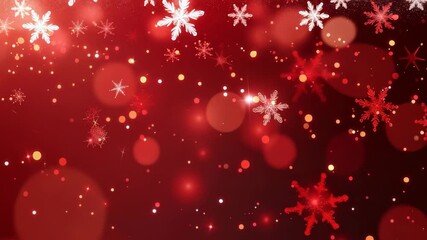 A festive red background adorned with shimmering bokeh lights and delicate snowflakes evokes a cheerful and elegant winter holiday atmosphere. Ideal for adding seasonal flair to designs.