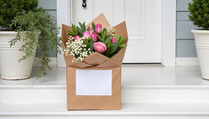 Fototapeta premium Delivered birthday bouquet of pink tulips at front door entrance 