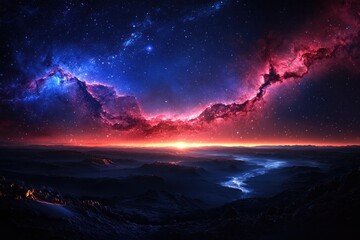 Majestic sunrise over a mountainous alien landscape, vibrant nebulae in starry sky