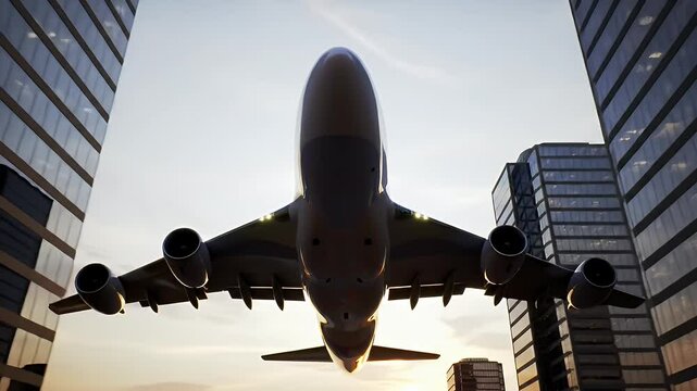 A cinematic 3D animation of a large commercial airplane flying between the buildings.