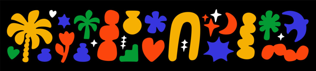 Boho summer funky abstract shapes in cut out style. Vector quirky bright palm trees, pottery, dove of peace, hearts, stars and twinkles. Retro groovy childish minimal vintage collage elements on black