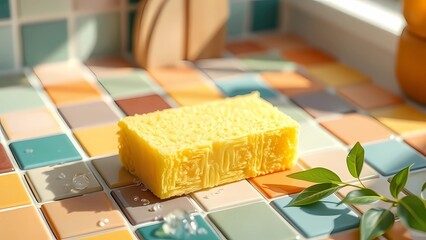Eco Yellow Cleaning Sponge on Bright Ceramic Tiles