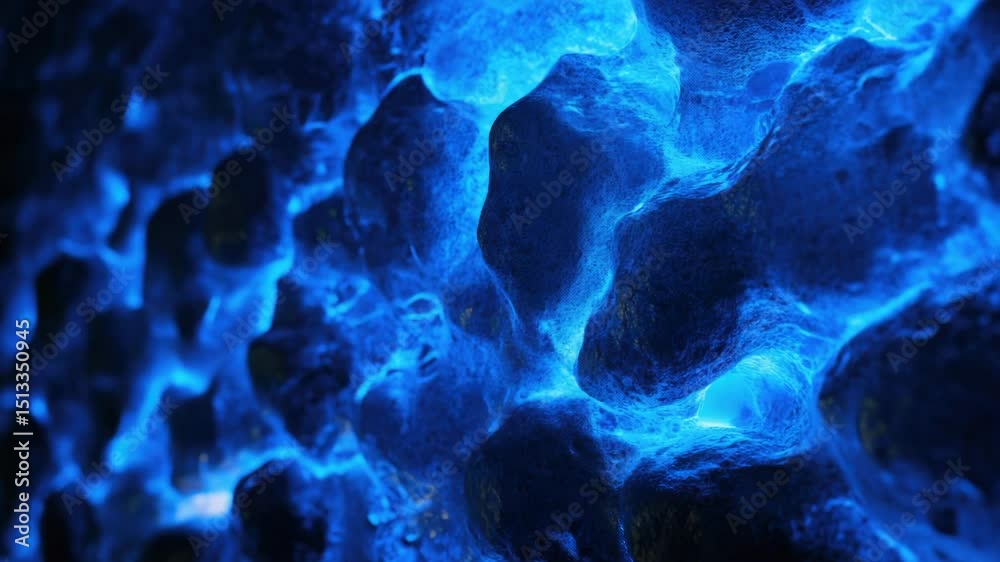 Poster close up view of a unique rock formation illuminated by blue lights, suitable for use in futuristic 