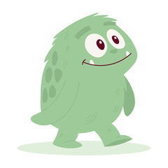 Cute green cartoon monster walking. Funny smiling creature illustration. Happy fantasy character for kids.