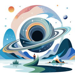 Naklejka premium Cosmic swirl galaxy art with person in boat. Mystical space scene featuring swirling black hole and planetary rings. Abstract cosmic artwork perfect for science fiction books,