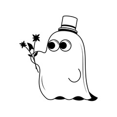 Abstract Doodle Black Line Happy Halloween Greeting Ghost Spirit Tongue Out Background. Vector Design Banner Party Invitation Template