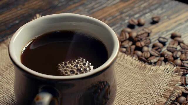 A cup of a hot coffee with a small brown cloth on a wooden background, Hot coffee with coffee beans image.