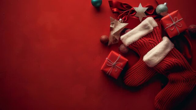 Overhead shot of a Christmas holiday arrangement. Includes red stockings with white cuffs, wrapped presents, and festive ornaments arranged on a rich, red backdrop, evoking warmth and anticipation.