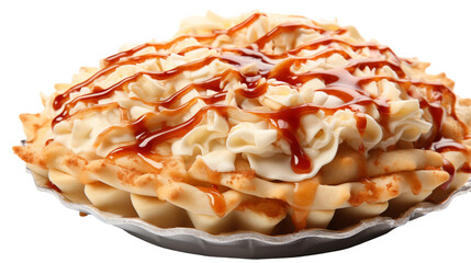 Creamy caramel apple pie, autumn dessert, whipped topping, indulgent sweet treat, baked pastry still life, isolated on transparent background.