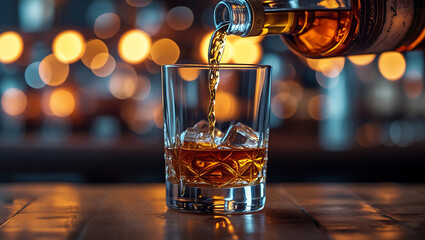 Whiskey pouring into rocks glass with ice on wooden bar in a bokeh background