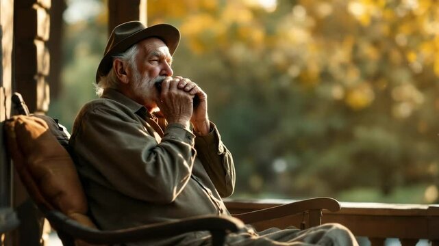 Elderly man playing harmonica on porch with golden dust motes around  
