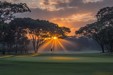 Golden sunrise over a golf course, sunbeams piercing through trees. Lush green fairways and a flagpole on the putting green
