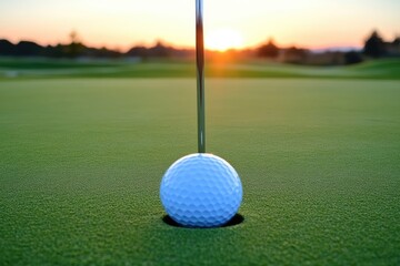 Obraz premium Golf ball nestled in a hole on a golf course at sunset