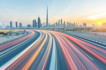 Urban highway at dawn with blurred car lights