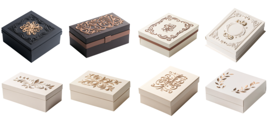 Collection of various A luxury cake box with metallic foil accents and elegant design isolated on white transparent background PNG set