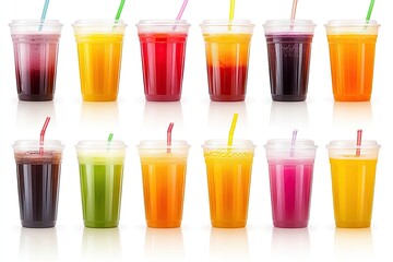 Variety of colorful fruit drinks in clear plastic cups