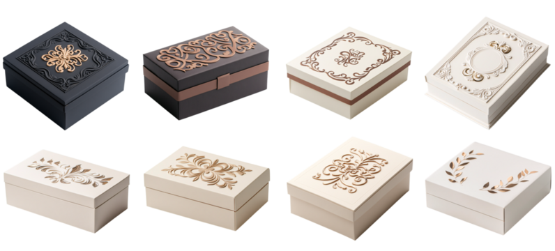 Collection of various A luxury cake box with metallic foil accents and elegant design isolated on white transparent background PNG set