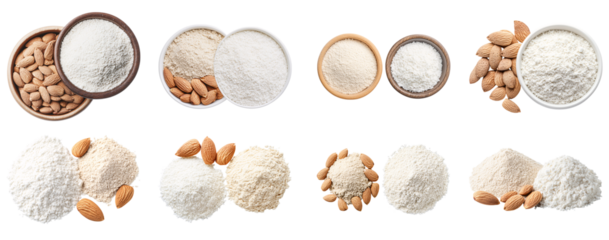 Collection of various Almond flour and coconut flour for gluten-free cake baking isolated on white transparent background PNG set