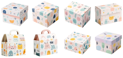 Collection of various A whimsical cake box with pastel colors and cute patterns for kids’ cakes isolated on white transparent background PNG set