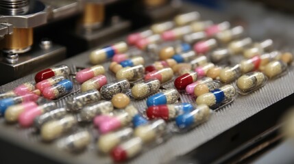 Closeup of capsule sorting in pharmaceutical line