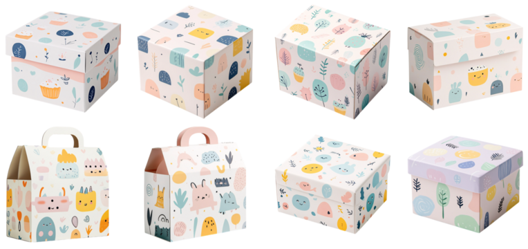 Collection of various A whimsical cake box with pastel colors and cute patterns for kids’ cakes isolated on white transparent background PNG set