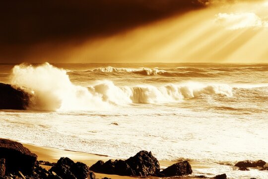 Dramatic golden sunset over turbulent ocean waves crashing on a rocky shore - Powered by Adobe