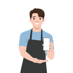 Smiling Barista Displaying a Smartphone. Flat vector illustration isolated on white background