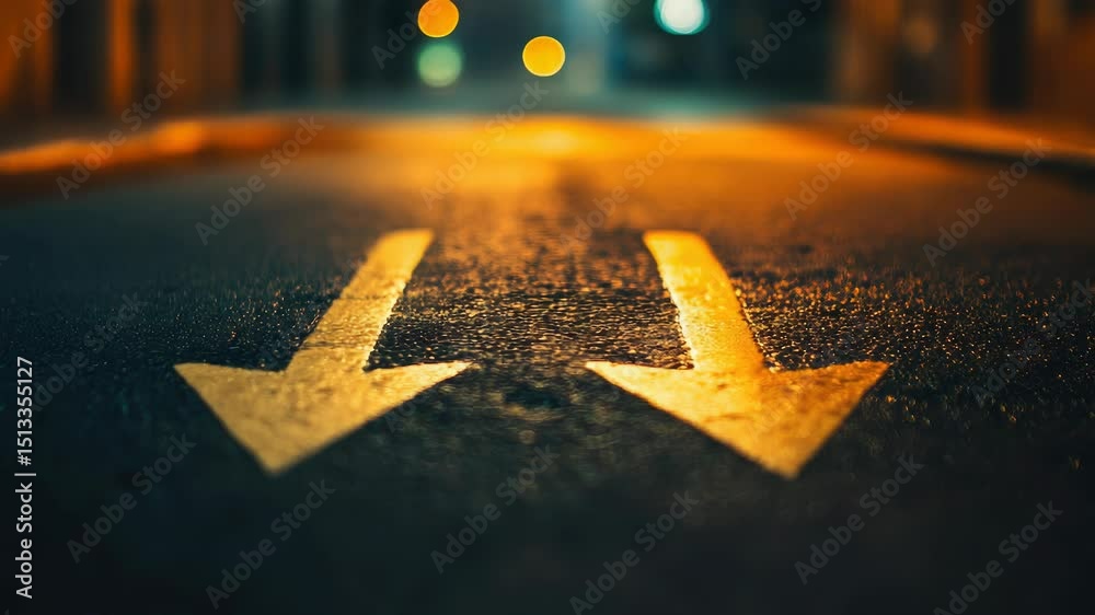 Poster a street with two yellow arrows pointing in opposite directions, suitable for traffic or wayfinding 