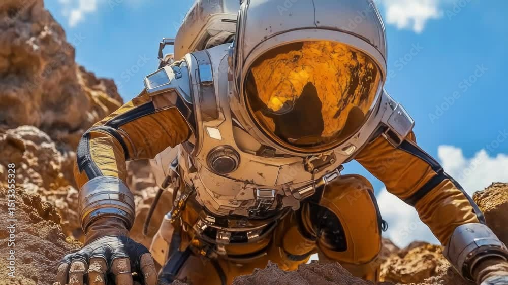 Poster astronaut climbs uphill in futuristic setting